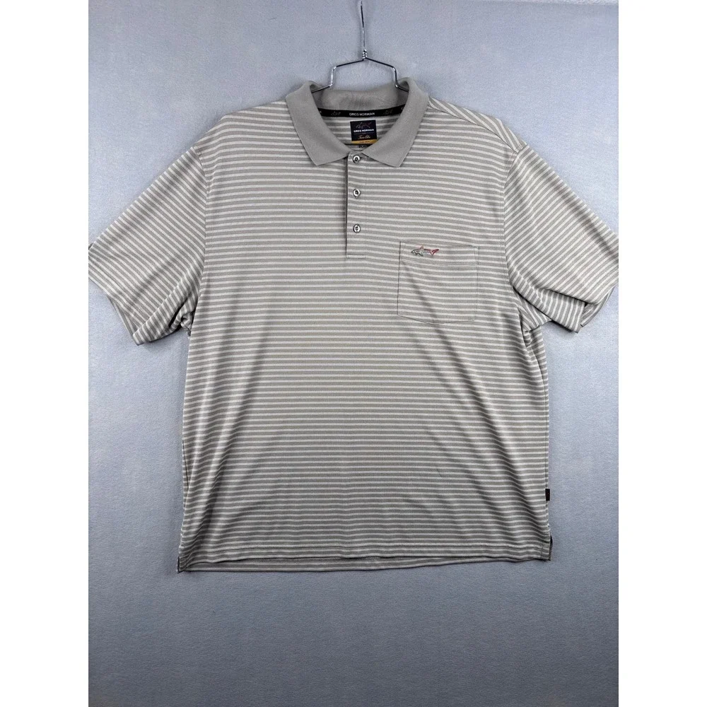 Greg Norman Tasso Elba Five Iron Tan White Striped Golf Polo Shirt Mens XL